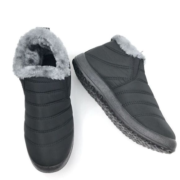 BJ Black Quilted Faux Fur Lined Soft Sole Flat Ankle Waterproof Slipper Shoes - Picture 7 of 16